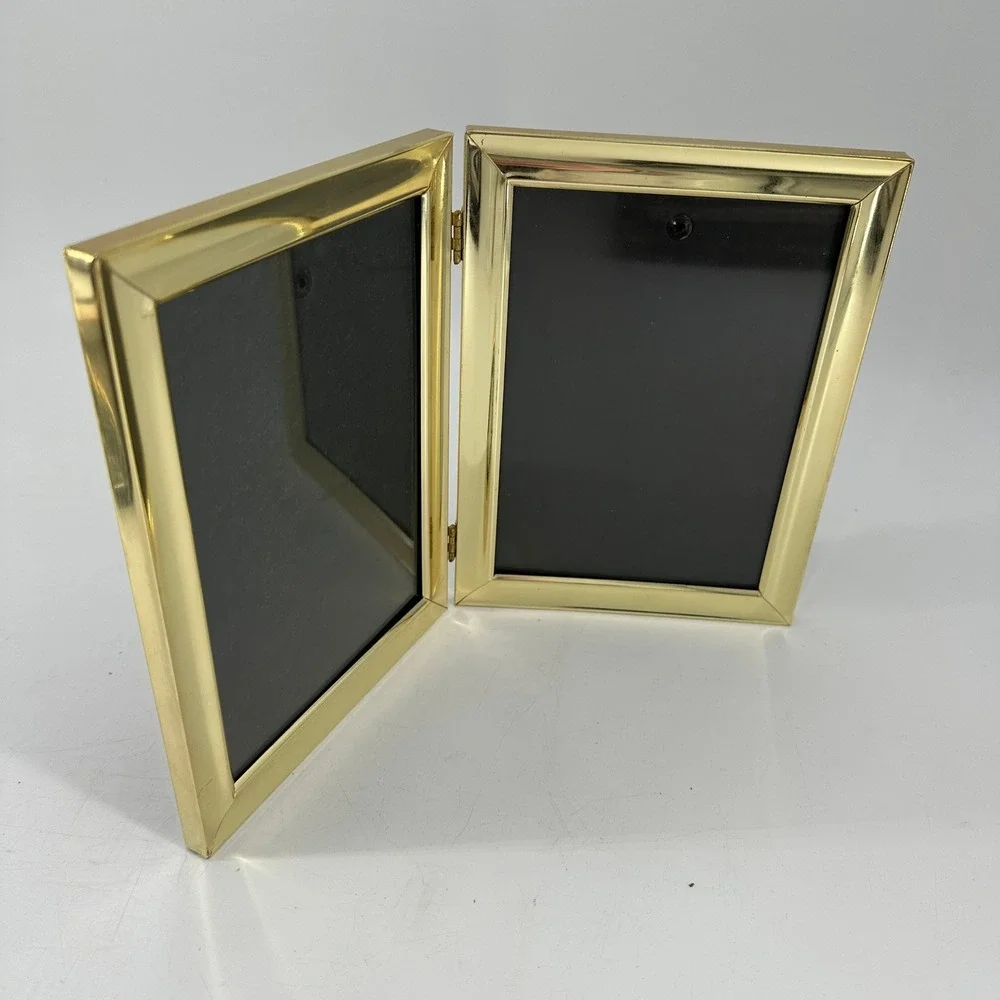 Gold Tone Double Hinged Picture Frame 5x7 Desktop‎ Display Photos Vintage